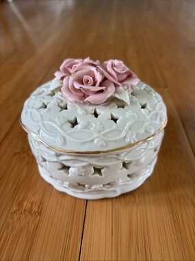 Porcelain Pink Rose Trinket Box - White and Pink Decorative Keepsake
